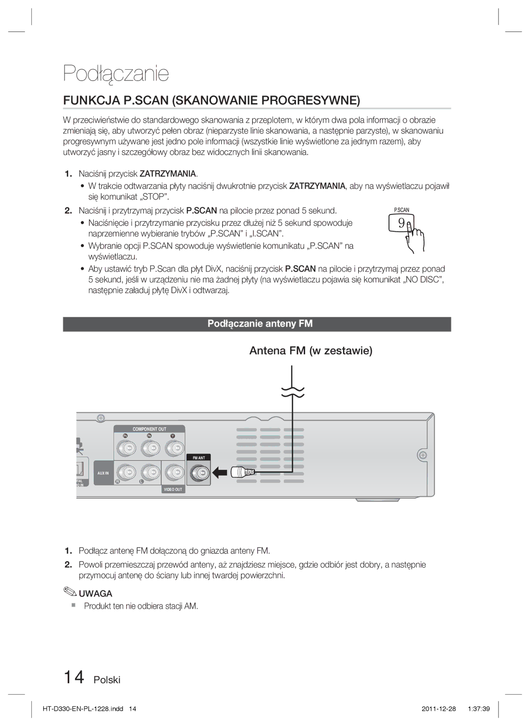 Samsung HT-D330/EN manual Funkcja P.SCAN Skanowanie Progresywne, Antena FM w zestawie, Podłączanie anteny FM 