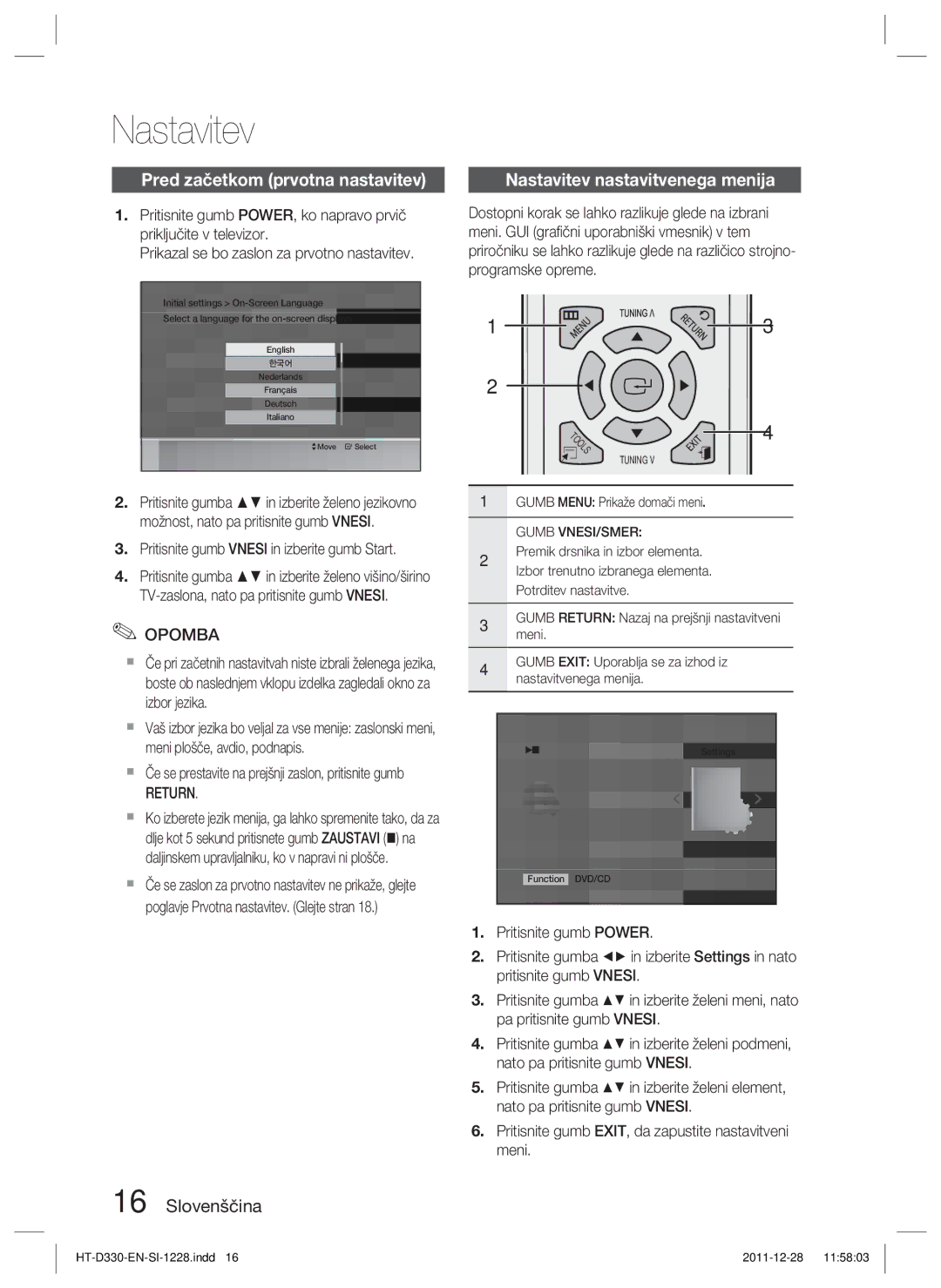 Samsung HT-D330/EN manual Pred začetkom prvotna nastavitev, Nastavitev nastavitvenega menija, Return 