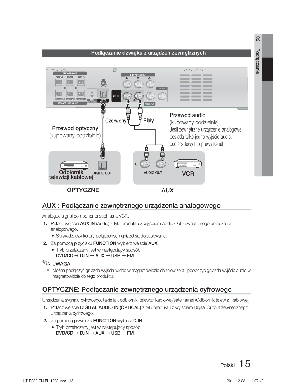 Samsung HT-D330/EN manual AUX Podłączanie zewnętrznego urządzenia analogowego, Przewód audio, Kupowany oddzielnie 