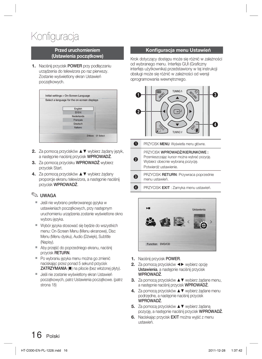 Samsung HT-D330/EN manual Przed uruchomieniem Ustawienia początkowe, Konﬁguracja menu Ustawień, Wprowadź 