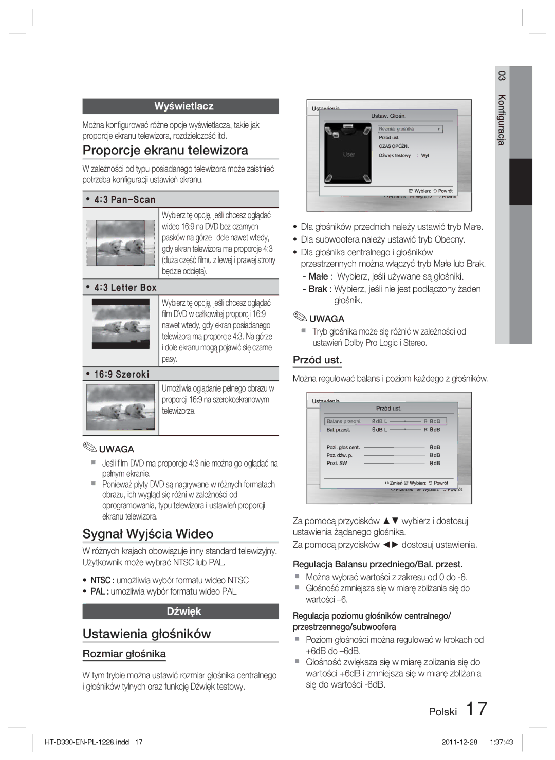 Samsung HT-D330/EN manual Proporcje ekranu telewizora, Sygnał Wyjścia Wideo, Ustawienia głośników, Wyświetlacz, Dźwięk 