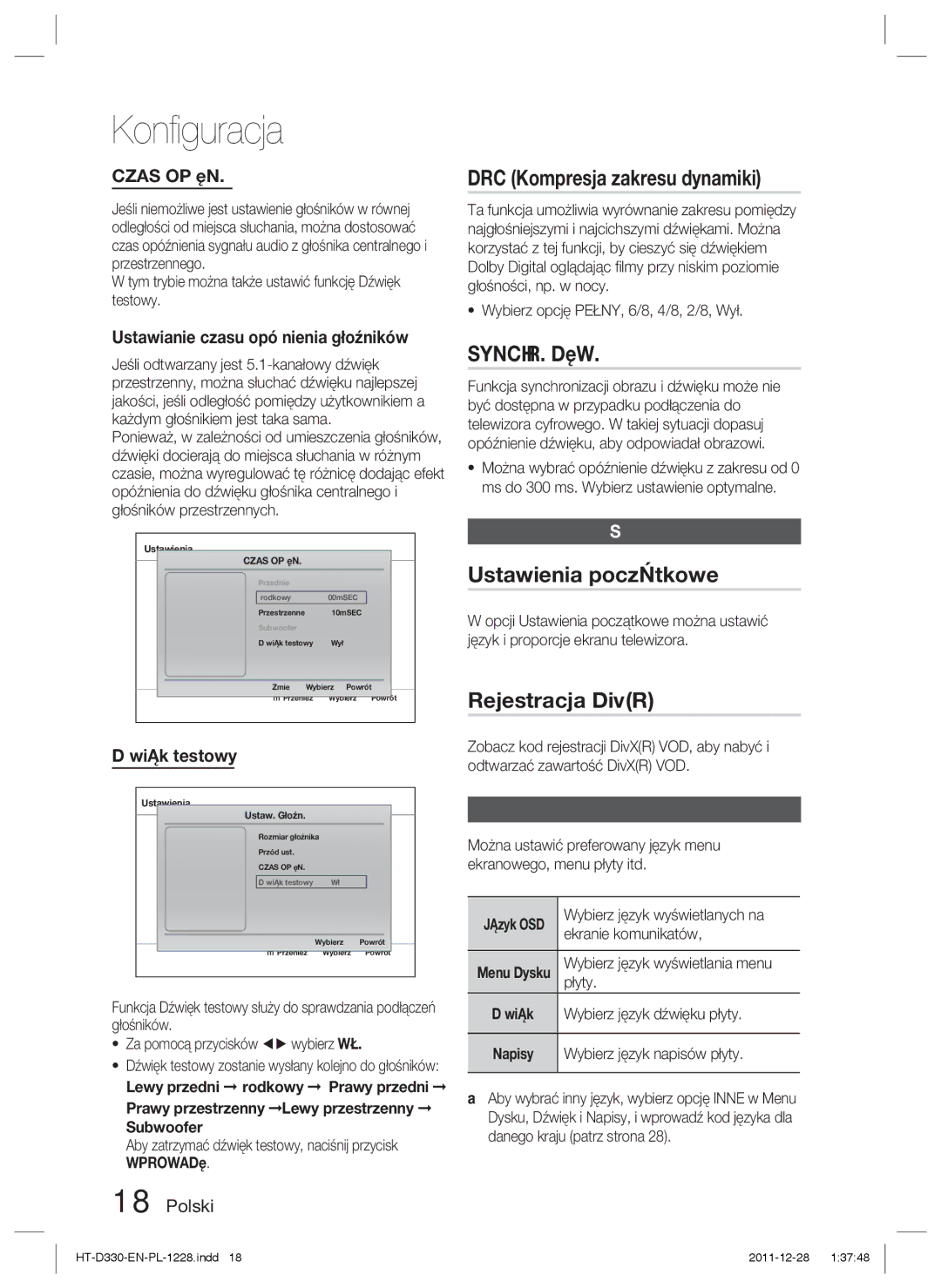 Samsung HT-D330/EN manual DRC Kompresja zakresu dynamiki, Synchr. Dźw, Ustawienia początkowe, Rejestracja DivXR 