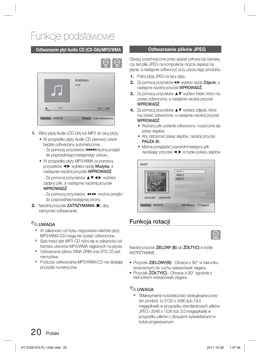 Samsung HT-D330/EN manual Funkcja rotacji, Odtwarzanie plików Jpeg, Wstrzymanie 