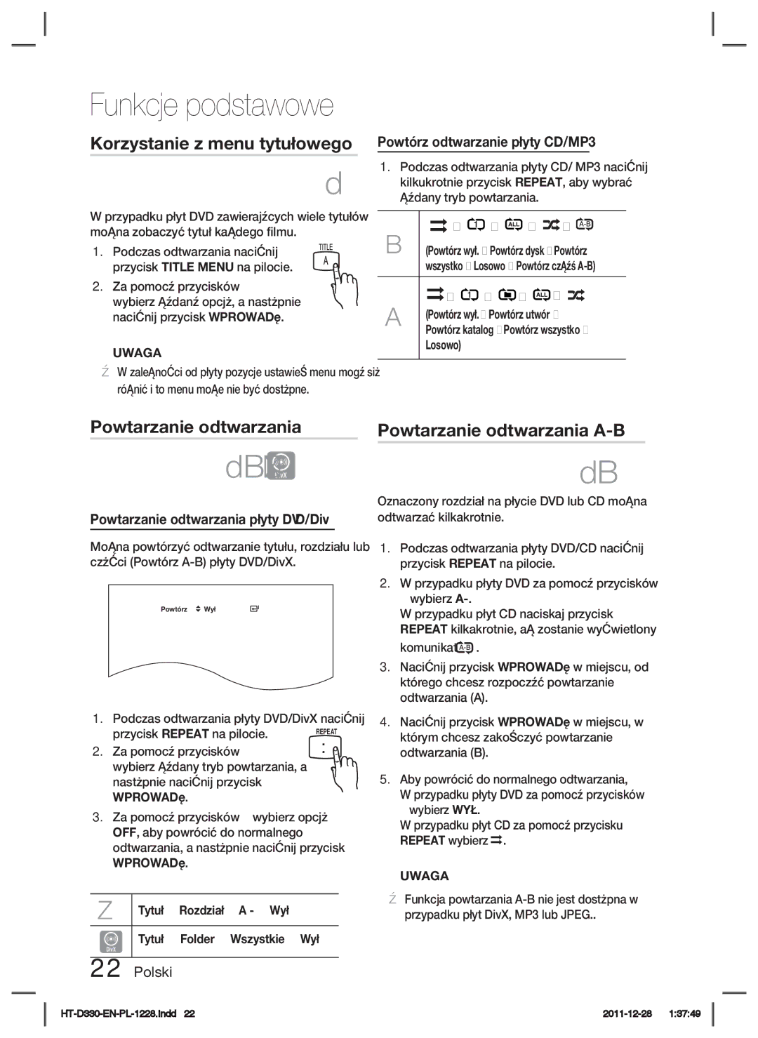 Samsung HT-D330/EN manual Korzystanie z menu tytułowego, Powtarzanie odtwarzania A-B, Powtórz odtwarzanie płyty CD/MP3 