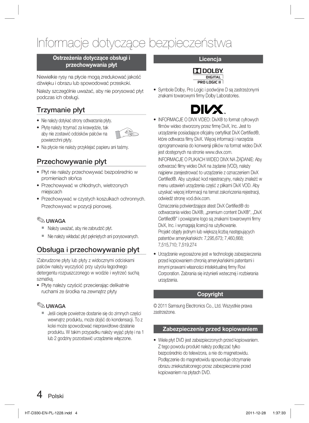 Samsung HT-D330/EN manual Trzymanie płyt, Przechowywanie płyt, Obsługa i przechowywanie płyt 