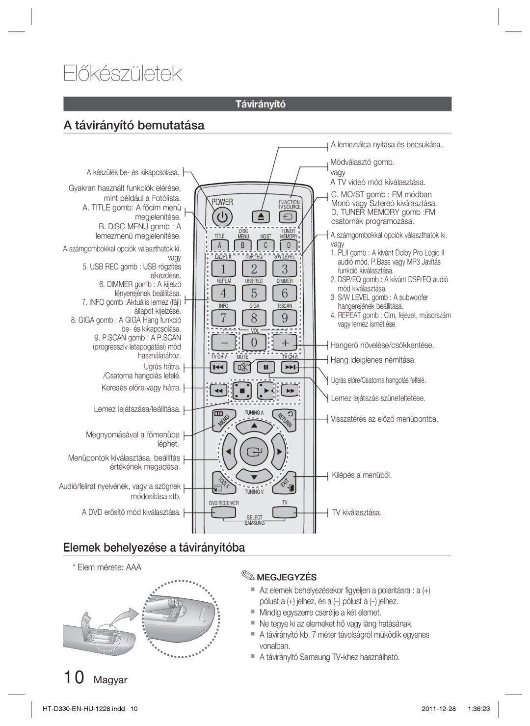 Samsung HT-D330/EN manual Távirányító bemutatása, Elemek behelyezése a távirányítóba, Elem mérete AAA 