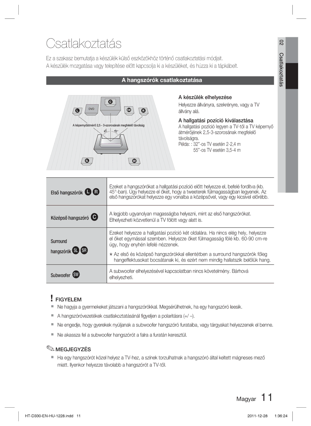 Samsung HT-D330/EN manual Csatlakoztatás, Hangszórók csatlakoztatása, Figyelem 