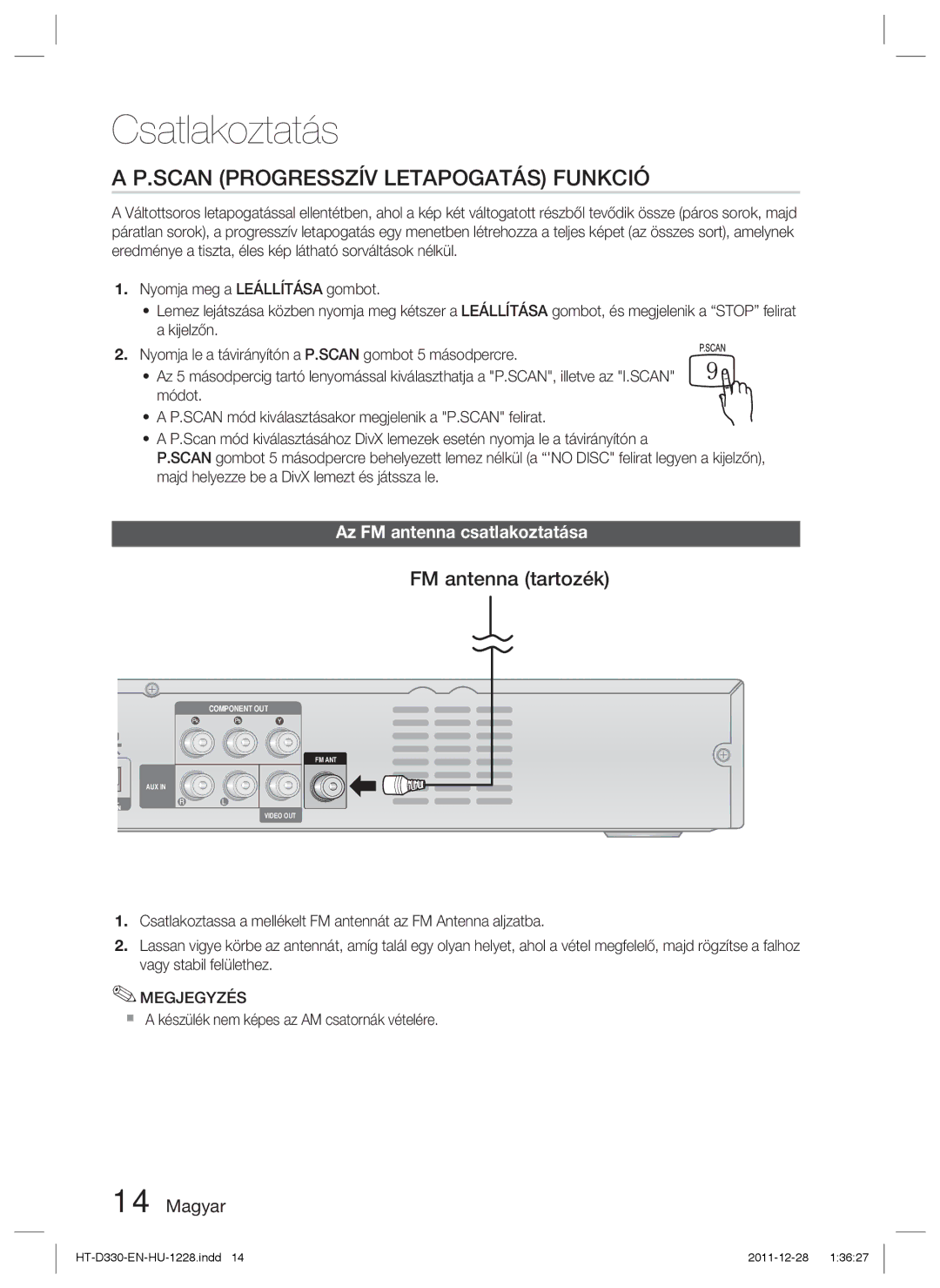 Samsung HT-D330/EN manual Scan Progresszív Letapogatás Funkció, FM antenna tartozék, Az FM antenna csatlakoztatása 