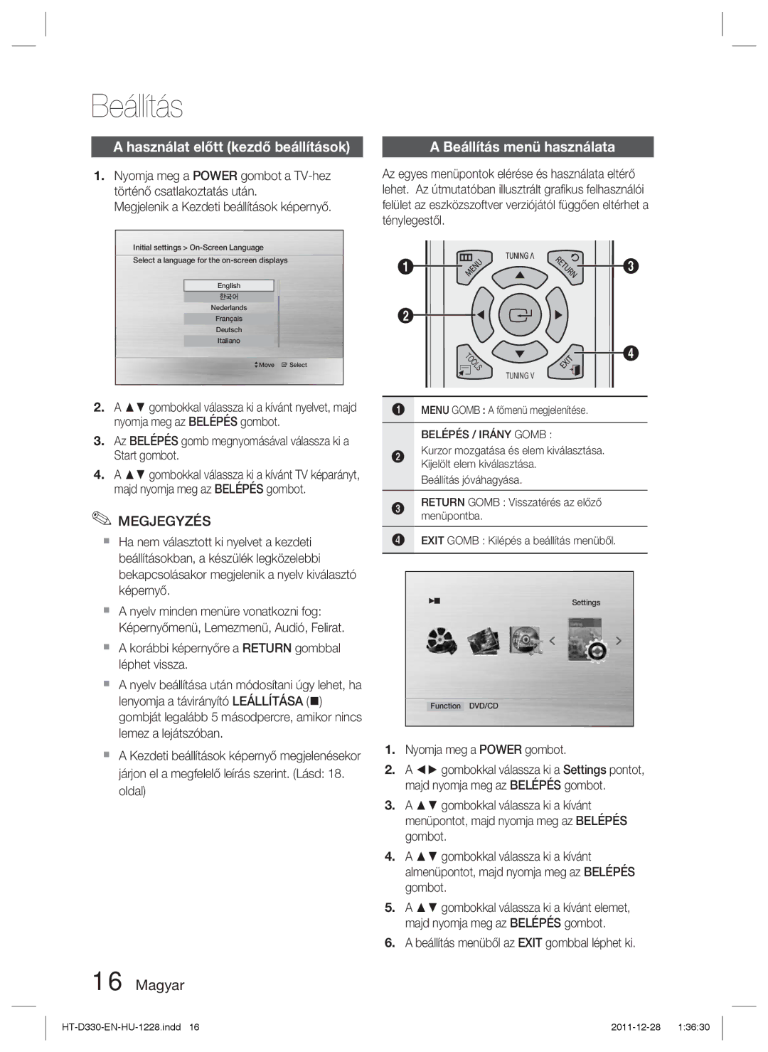 Samsung HT-D330/EN manual Használat előtt kezdő beállítások, Beállítás menü használata 