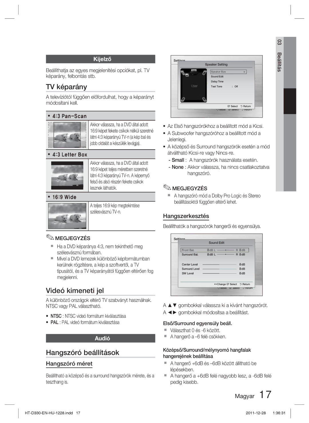 Samsung HT-D330/EN manual TV képarány, Videó kimeneti jel, Hangszóró beállítások, Kijelző, Audió 