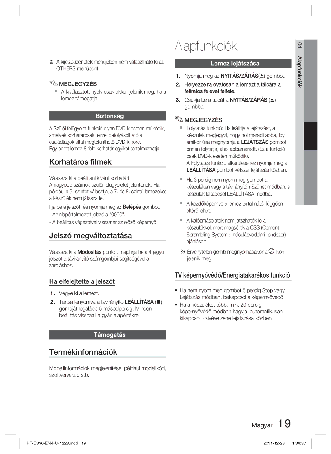 Samsung HT-D330/EN manual Alapfunkciók, Korhatáros ﬁlmek, Jelszó megváltoztatása, Termékinformációk 