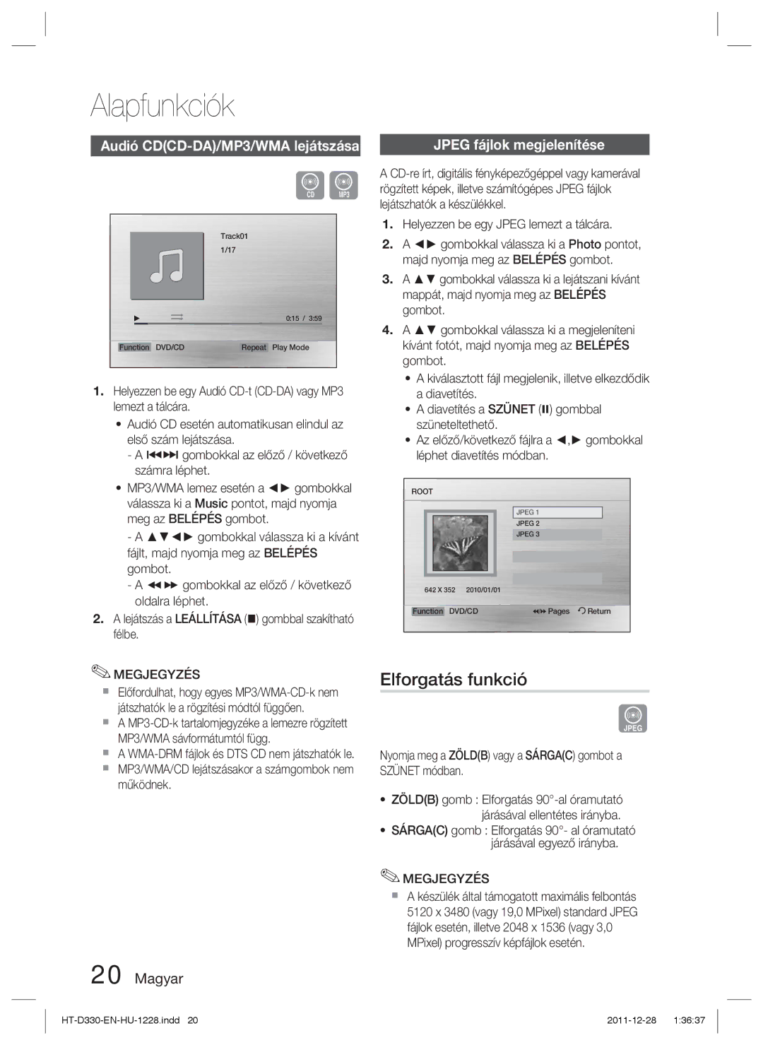 Samsung HT-D330/EN manual Elforgatás funkció, Audió CDCD-DA/MP3/WMA lejátszása, Jpeg fájlok megjelenítése 