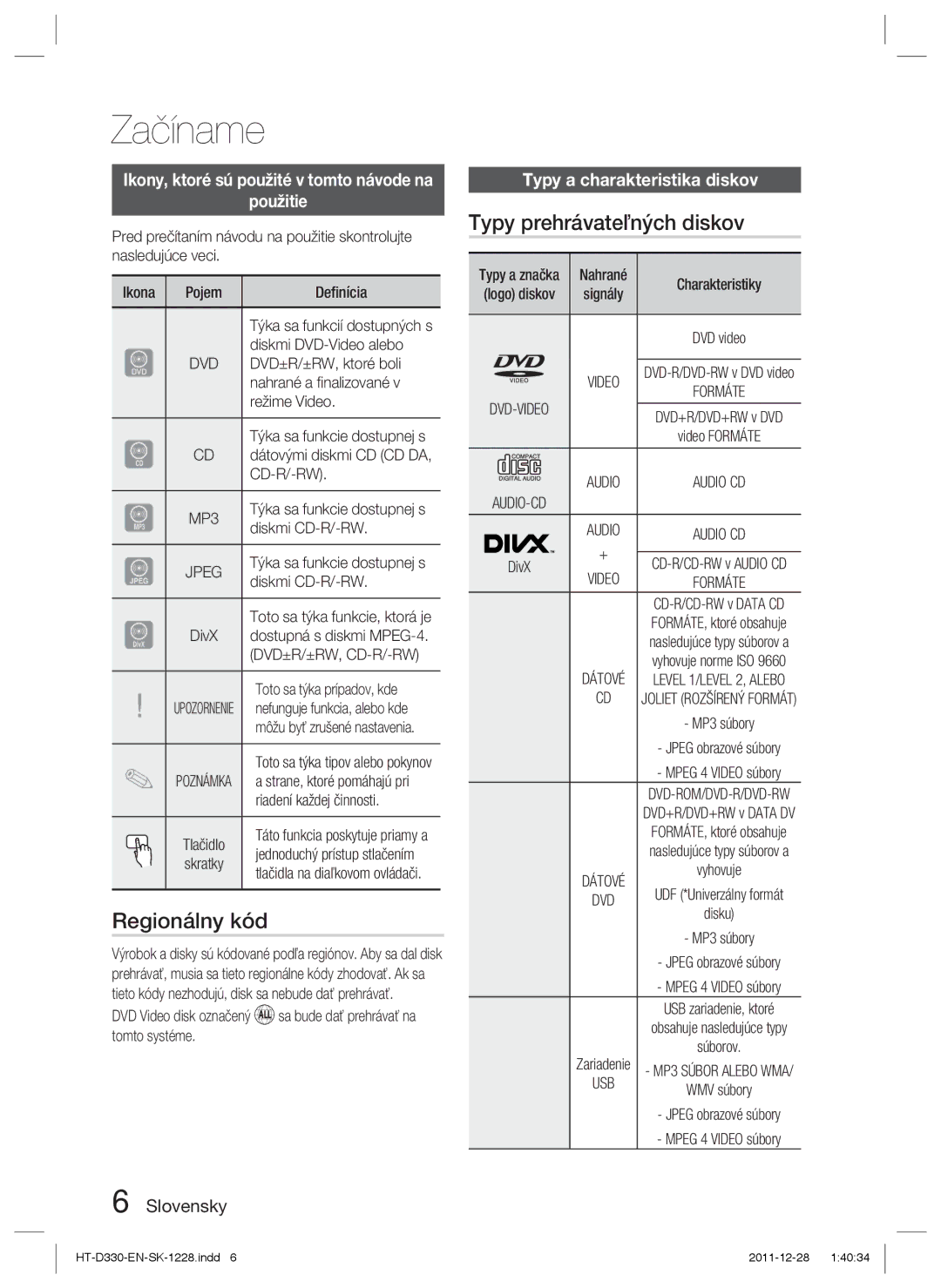 Samsung HT-D330/EN manual Začíname, Regionálny kód, Typy prehrávateľných diskov, Typy a charakteristika diskov 