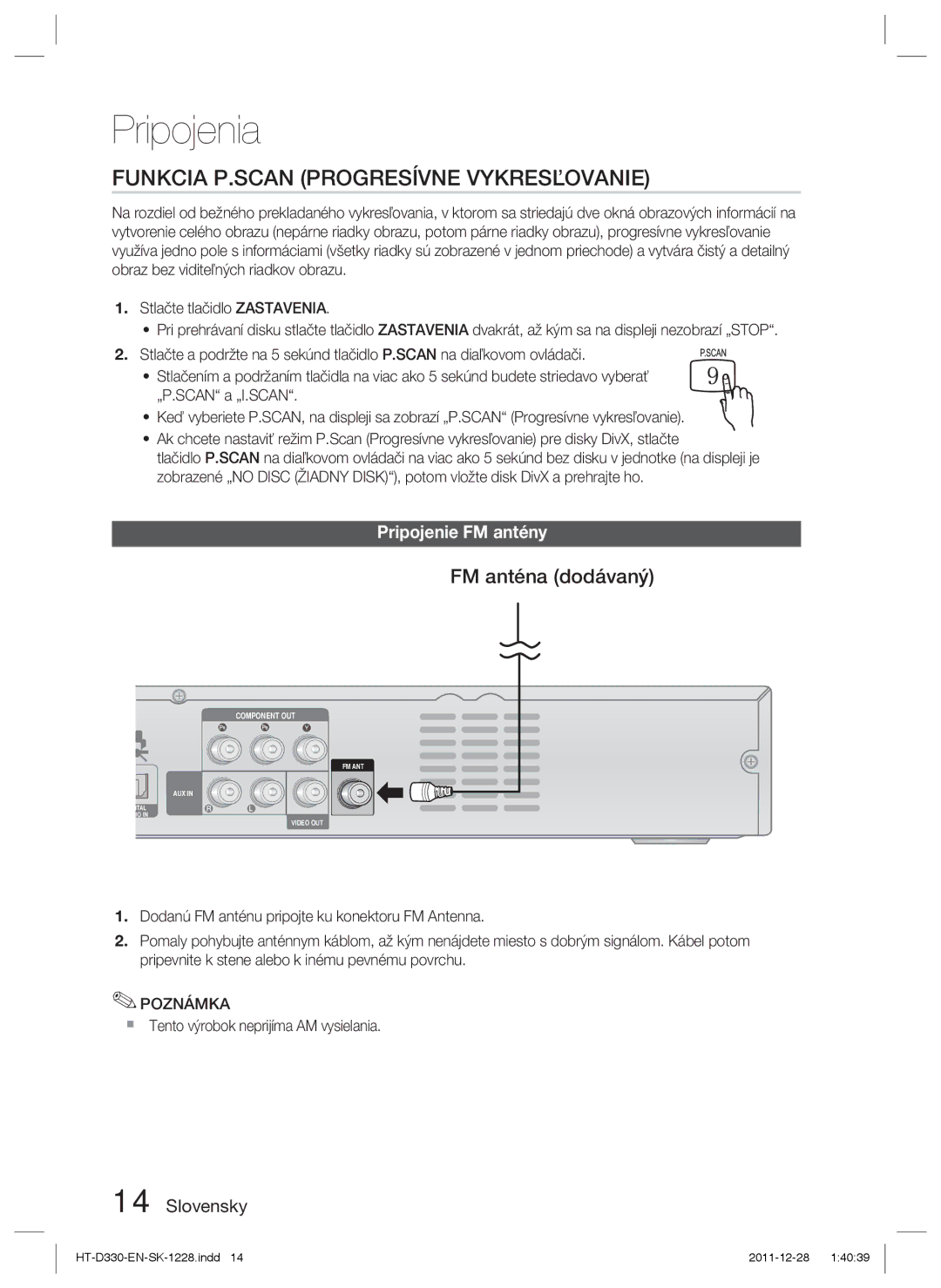 Samsung HT-D330/EN manual Funkcia P.SCAN Progresívne Vykresľovanie, FM anténa dodávaný, Pripojenie FM antény 