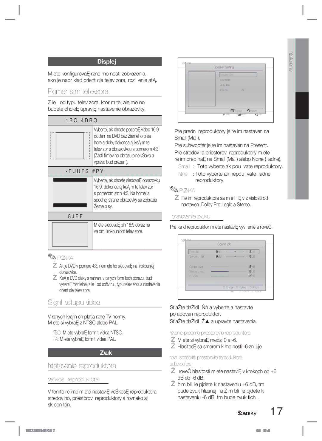 Samsung HT-D330/EN manual Pomer strán televízora, Signál výstupu videa, Nastavenie reproduktora, Displej, Zvuk 