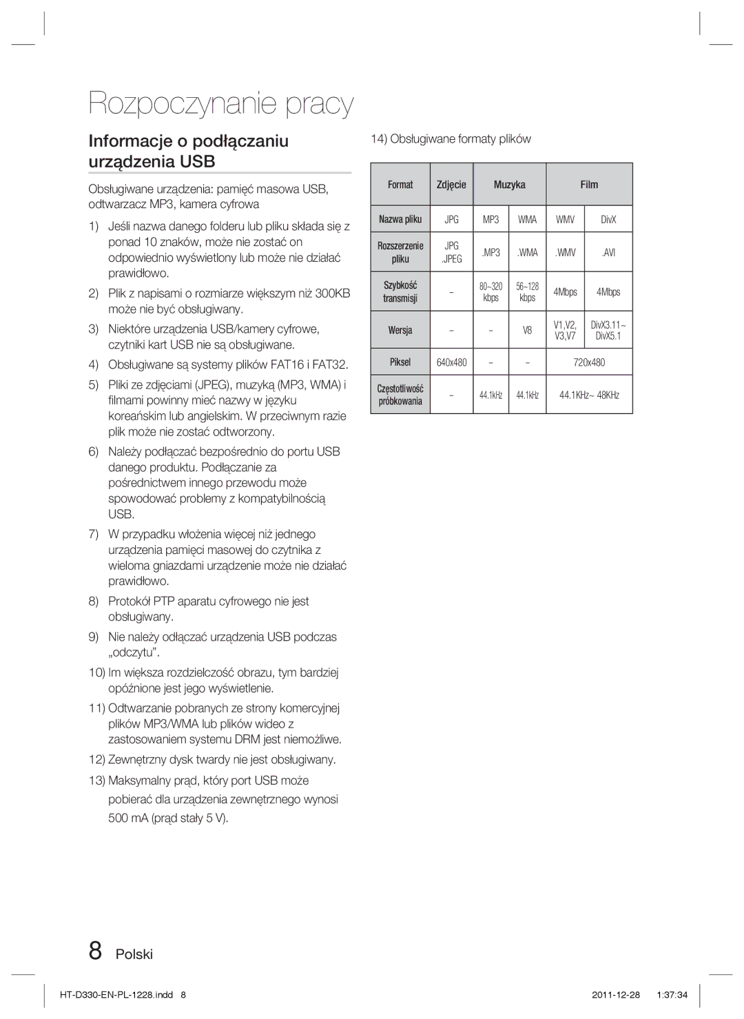 Samsung HT-D330/EN manual Informacje o podłączaniu urządzenia USB, Format Zdjęcie Muzyka Film, DivX, Avi, Kbps 