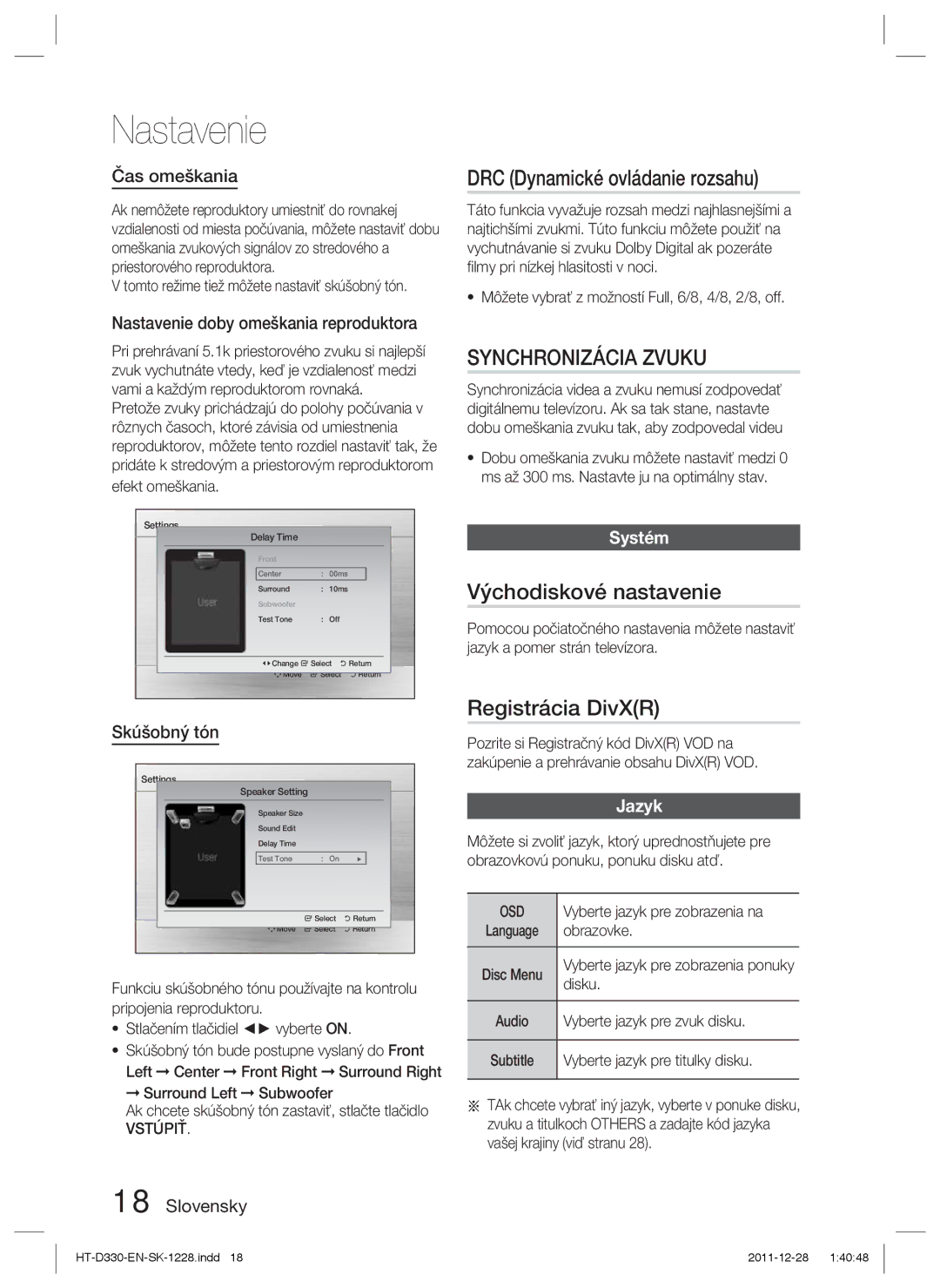 Samsung HT-D330/EN manual DRC Dynamické ovládanie rozsahu, Synchronizácia Zvuku, Východiskové nastavenie, Registrácia DivXR 