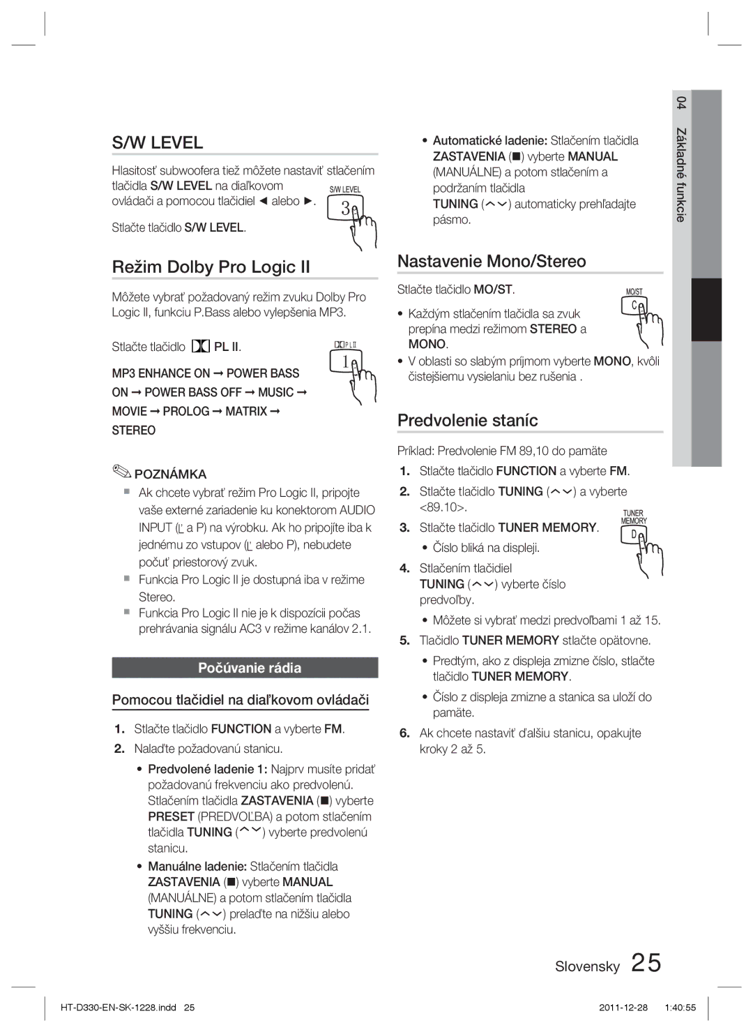 Samsung HT-D330/EN manual Režim Dolby Pro Logic, Nastavenie Mono/Stereo, Predvolenie staníc, Počúvanie rádia 