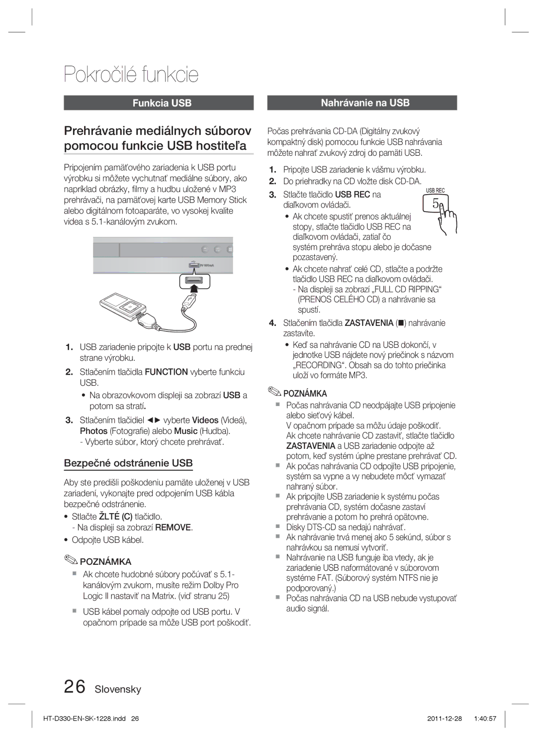 Samsung HT-D330/EN manual Pokročilé funkcie, Funkcia USB, Bezpečné odstránenie USB, Vyberte súbor, ktorý chcete prehrávať 