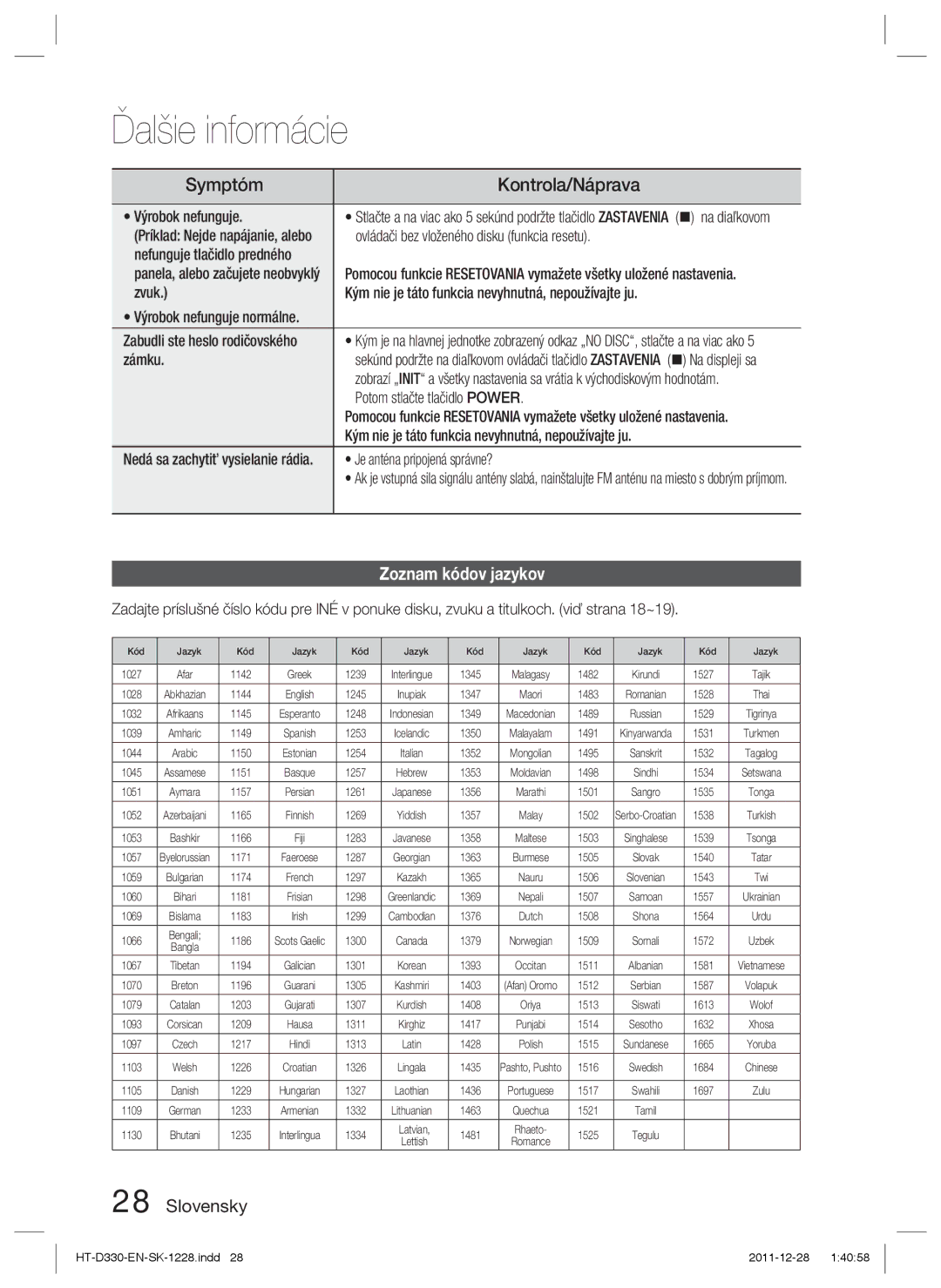 Samsung HT-D330/EN manual Zoznam kódov jazykov 