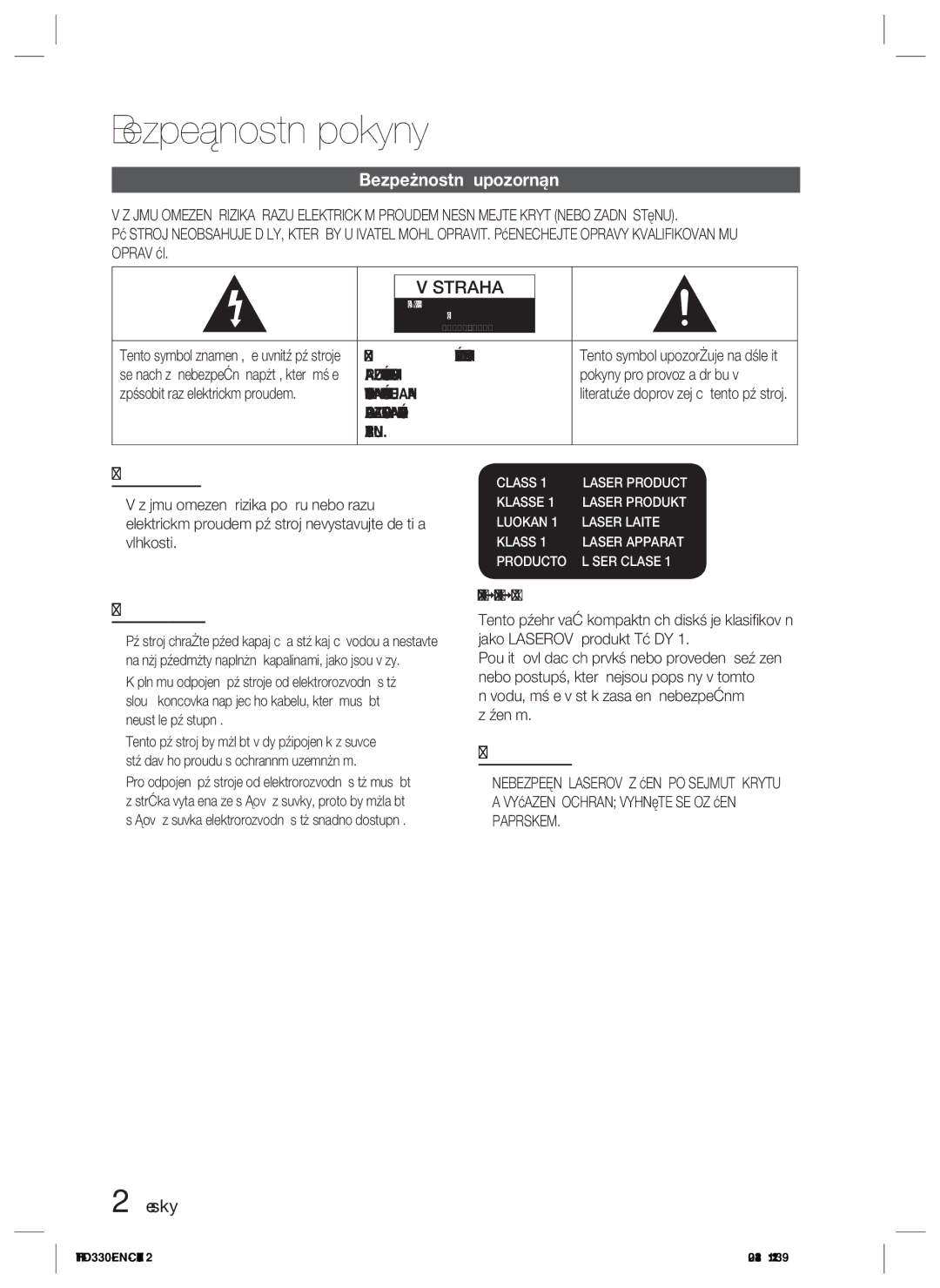 Samsung HT-D330/EN manual Bezpečnostní pokyny, Bezpečnostní upozornění, Česky, Stranu, Laserový Přístroj Třídy 