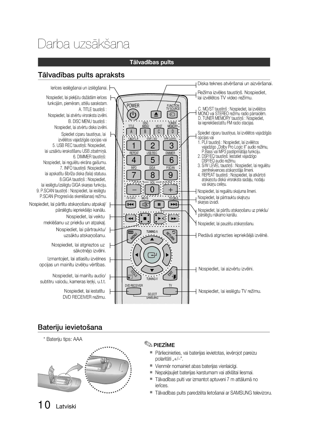 Samsung HT-D330/EN manual Tālvadības pults apraksts, Bateriju ievietošana, Bateriju tips AAA, Ierīces 