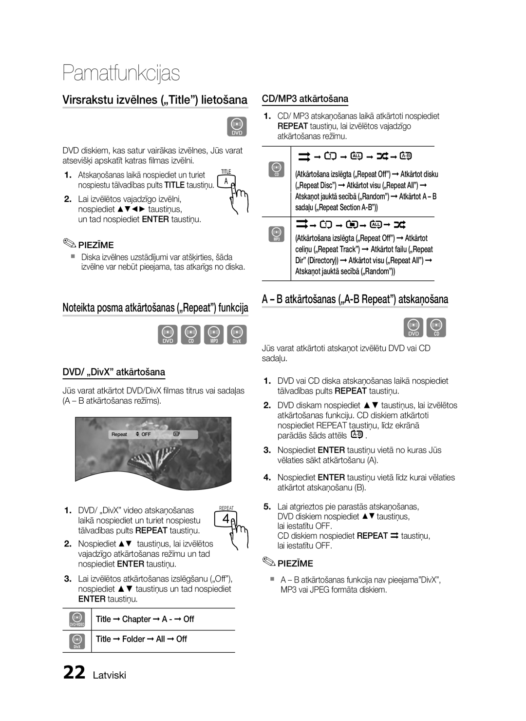 Samsung HT-D330/EN manual Virsrakstu izvēlnes „Title lietošana, Atkārtošanas „A-B Repeat atskaņošana, CD/MP3 atkārtošana 