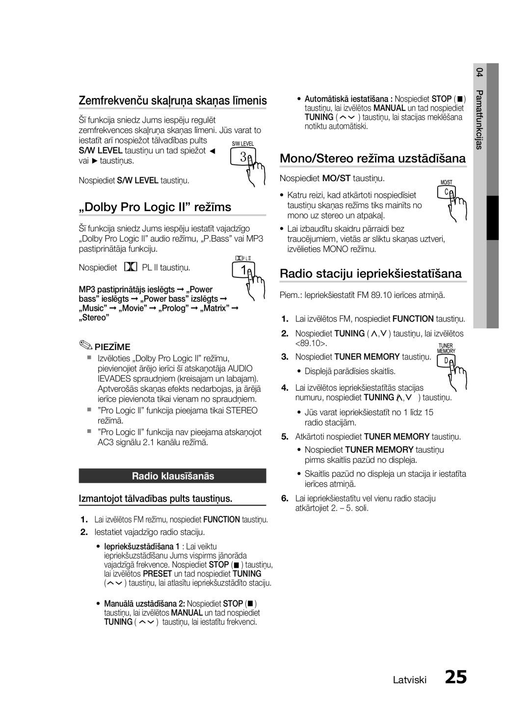 Samsung HT-D330/EN manual „Dolby Pro Logic II režīms, Mono/Stereo režīma uzstādīšana, Radio staciju iepriekšiestatīšana 