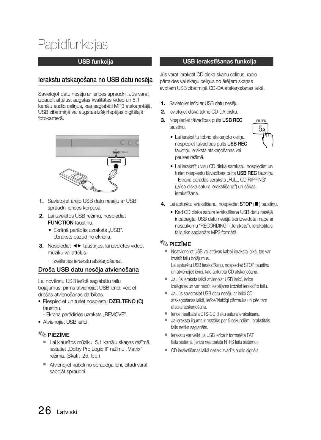 Samsung HT-D330/EN manual Papildfunkcijas, USB funkcija USB ierakstīšanas funkcija, Ierakstu atskaņošana no USB datu nesēja 