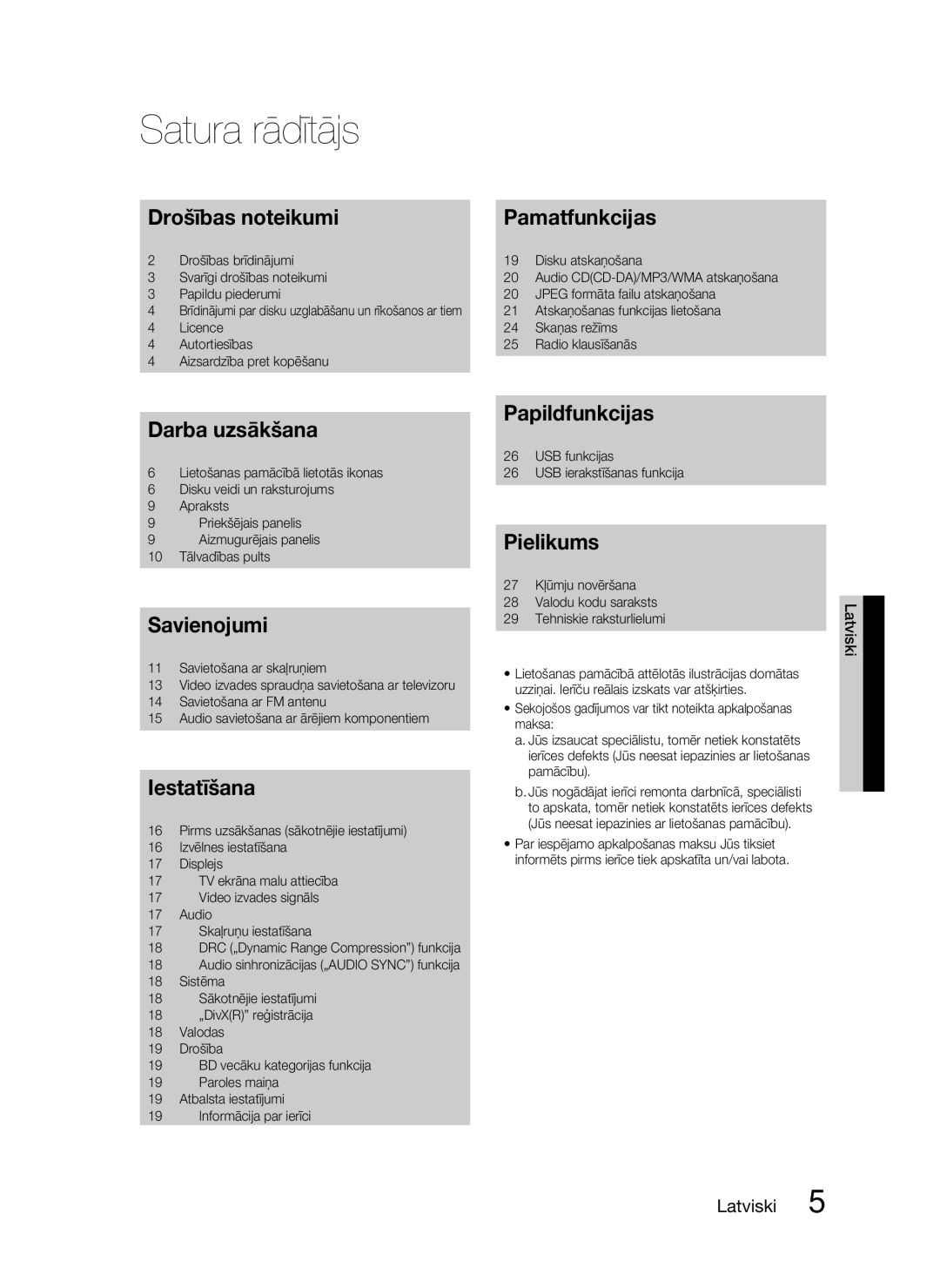 Samsung HT-D330/EN manual Satura rādītājs, Drošības noteikumi 