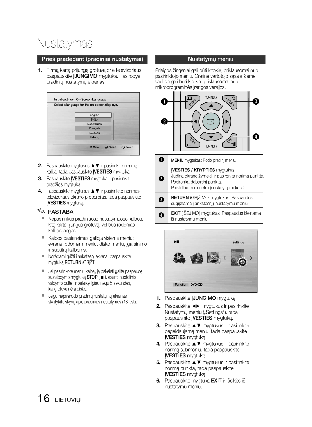 Samsung HT-D330/EN manual Nustatymas, Prieš pradedant pradiniai nustatymai, Įvesties mygtuką, Kai grotuve nėra disko 