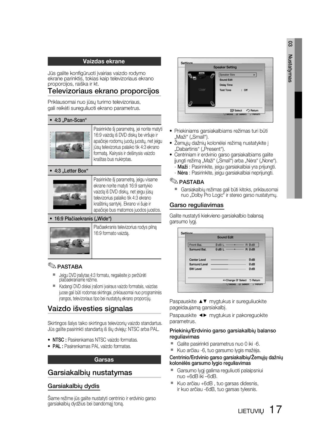 Samsung HT-D330/EN Televizoriaus ekrano proporcijos, Vaizdo išvesties signalas, Garsiakalbių nustatymas, Vaizdas ekrane 