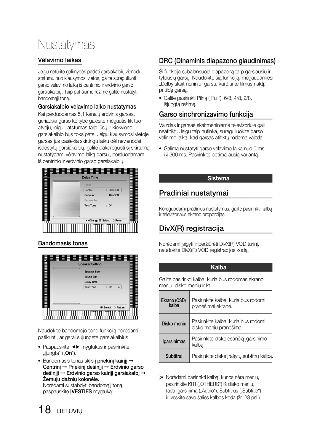 Samsung HT-D330/EN manual DRC Dinaminis diapazono glaudinimas, Garso sinchronizavimo funkcija, Pradiniai nustatymai 