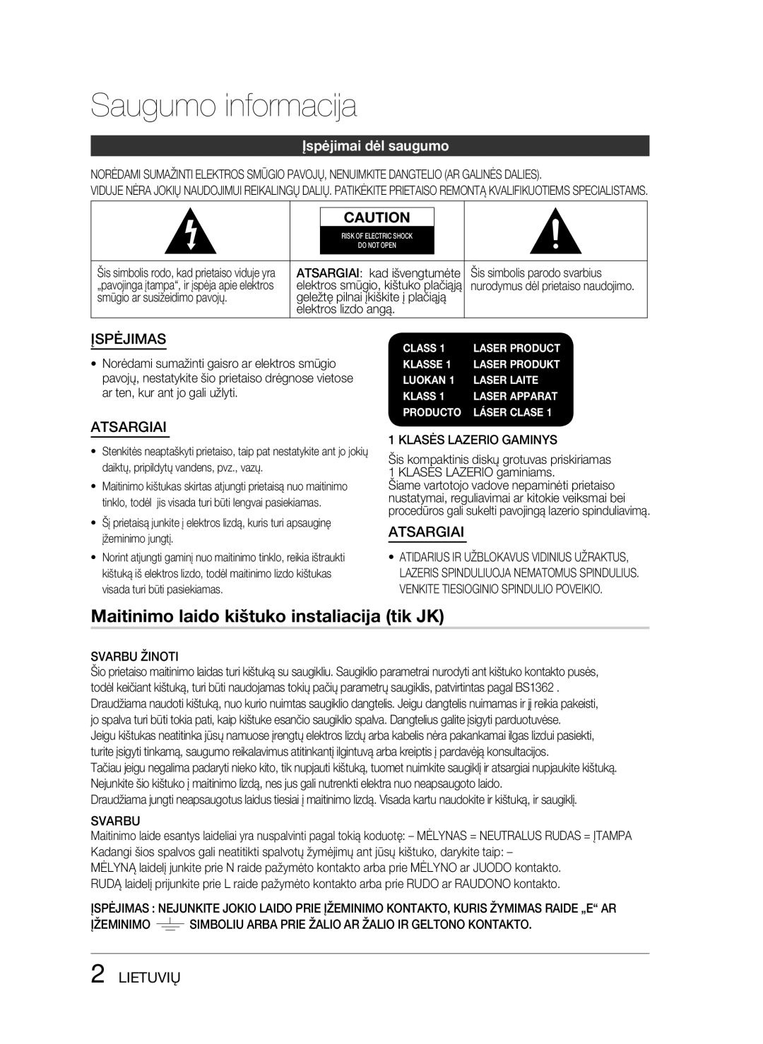 Samsung HT-D330/EN manual Saugumo informacija, Įspėjimai dėl saugumo, Klasės Lazerio Gaminys, Svarbu Žinoti 