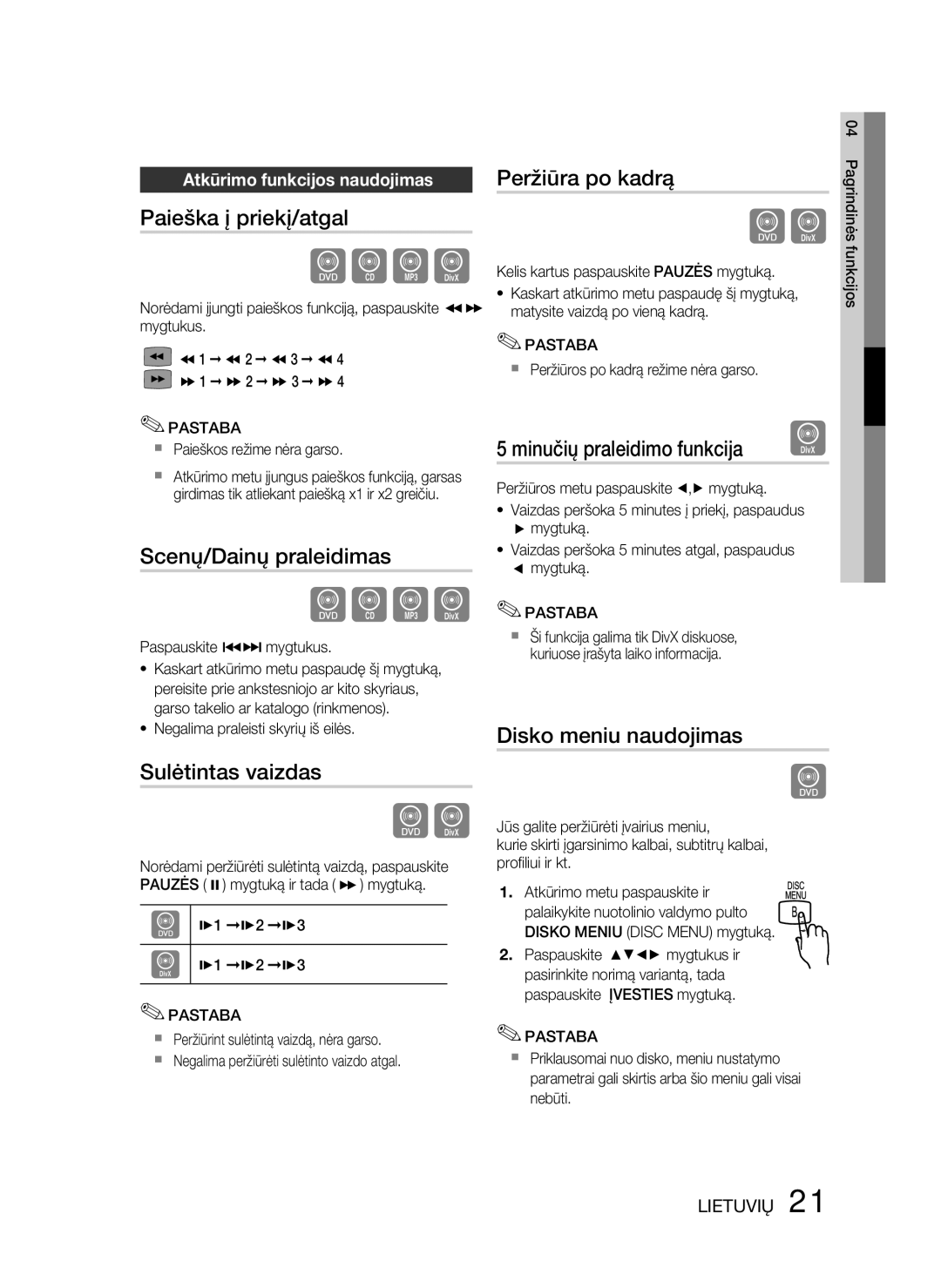 Samsung HT-D330/EN manual Paieška į priekį/atgal, Scenų/Dainų praleidimas, Sulėtintas vaizdas, Peržiūra po kadrą 