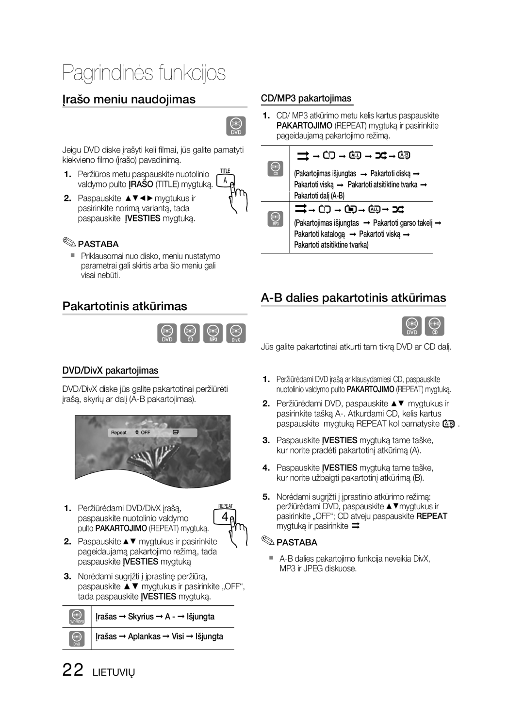 Samsung HT-D330/EN Įrašo meniu naudojimas, Pakartotinis atkūrimas, Dalies pakartotinis atkūrimas, CD/MP3 pakartojimas 