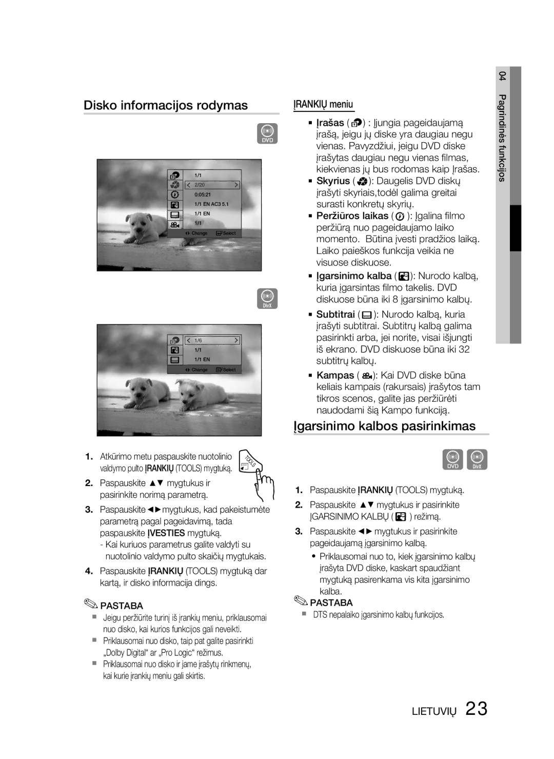 Samsung HT-D330/EN manual Disko informacijos rodymas, Įgarsinimo kalbos pasirinkimas, Įrankių meniu 