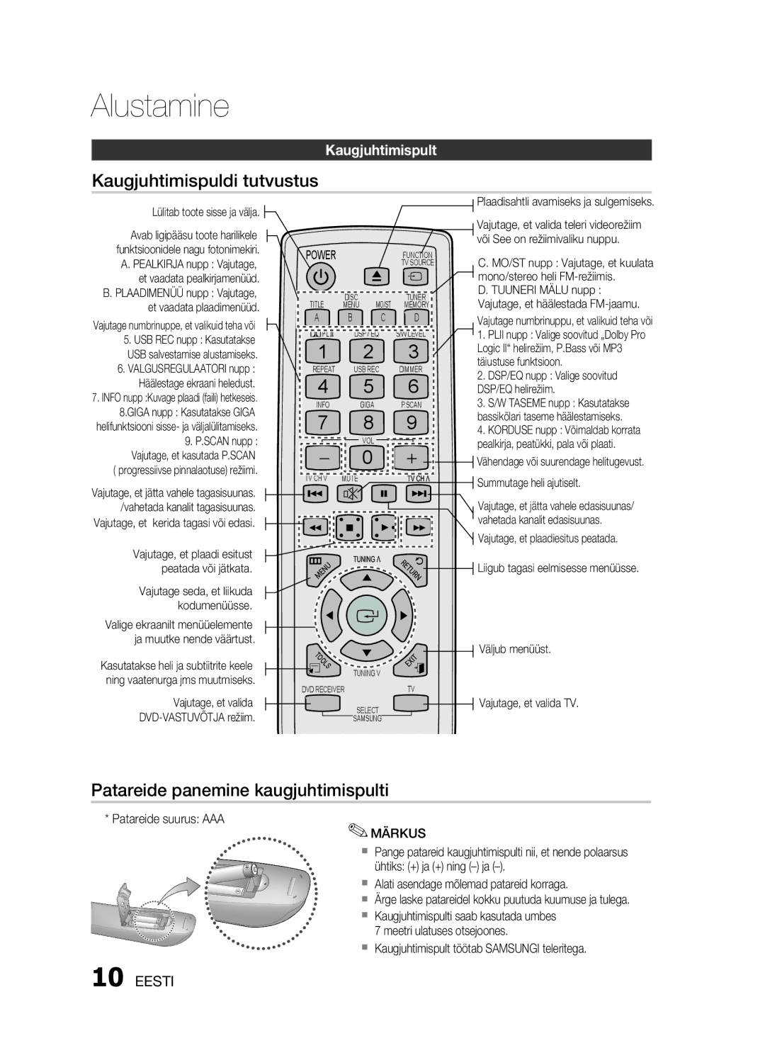 Samsung HT-D330/EN manual Kaugjuhtimispuldi tutvustus, Patareide panemine kaugjuhtimispulti, Kaugjuhtimispult 