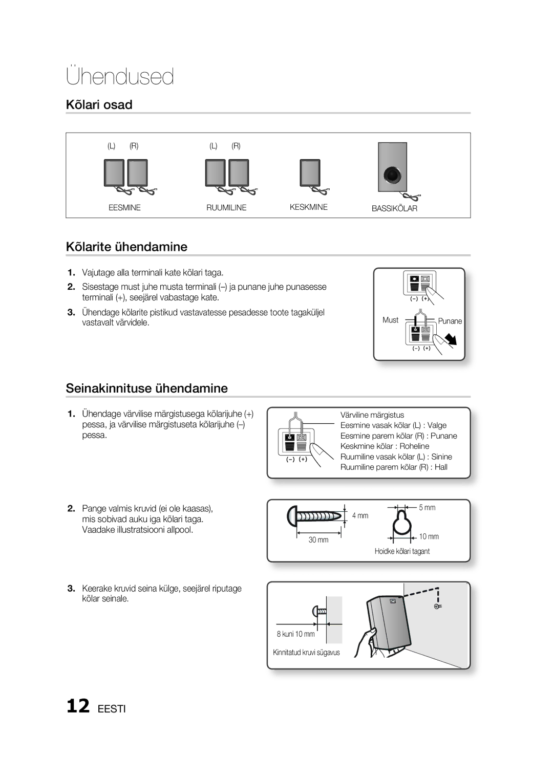 Samsung HT-D330/EN manual Kõlari osad, Kõlarite ühendamine, Seinakinnituse ühendamine 