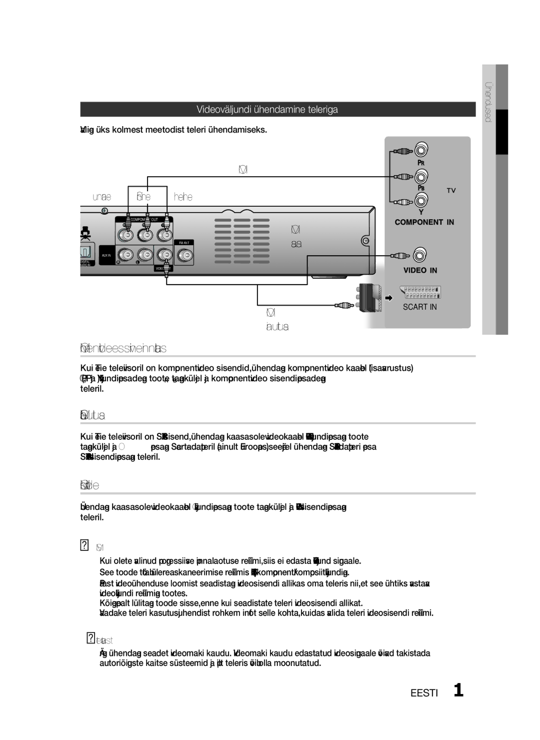 Samsung HT-D330/EN manual Meetod 1 Komponentvideo progressiivne pinnalaotus, Meetod 2 Scart ainult Euroopas 