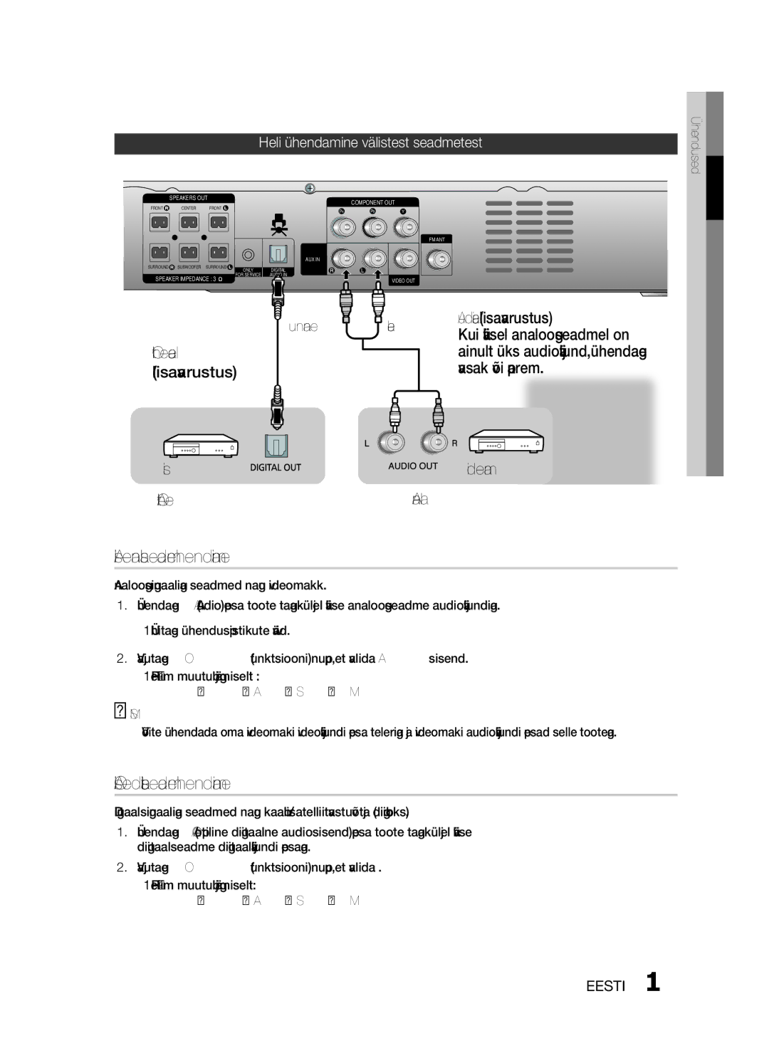 Samsung HT-D330/EN manual AUX Välise analoogseadme ühendamine, Optical Välise digitaalseadme ühendamine, Punane Valge 