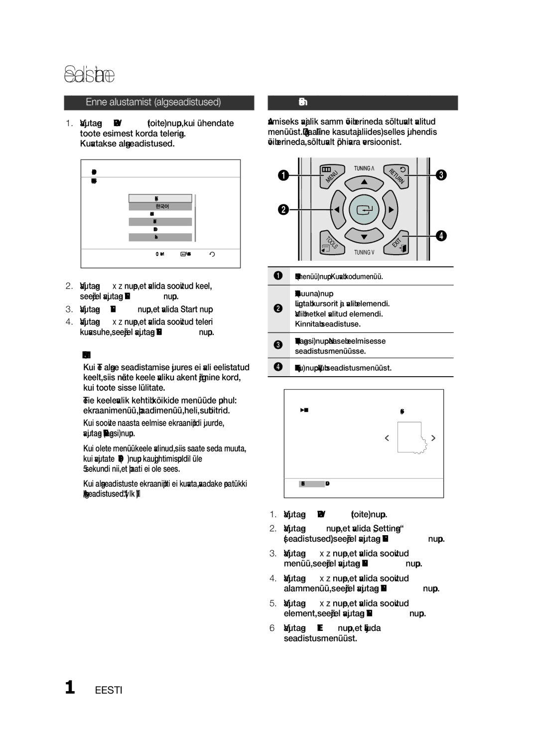 Samsung HT-D330/EN manual Seadistamine, Enne alustamist algseadistused, Vajutage Enter nuppu, et valida Start nupp 