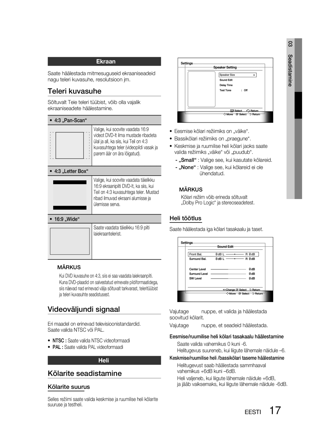 Samsung HT-D330/EN manual Teleri kuvasuhe, Videoväljundi signaal, Kõlarite seadistamine, Ekraan, Heli 