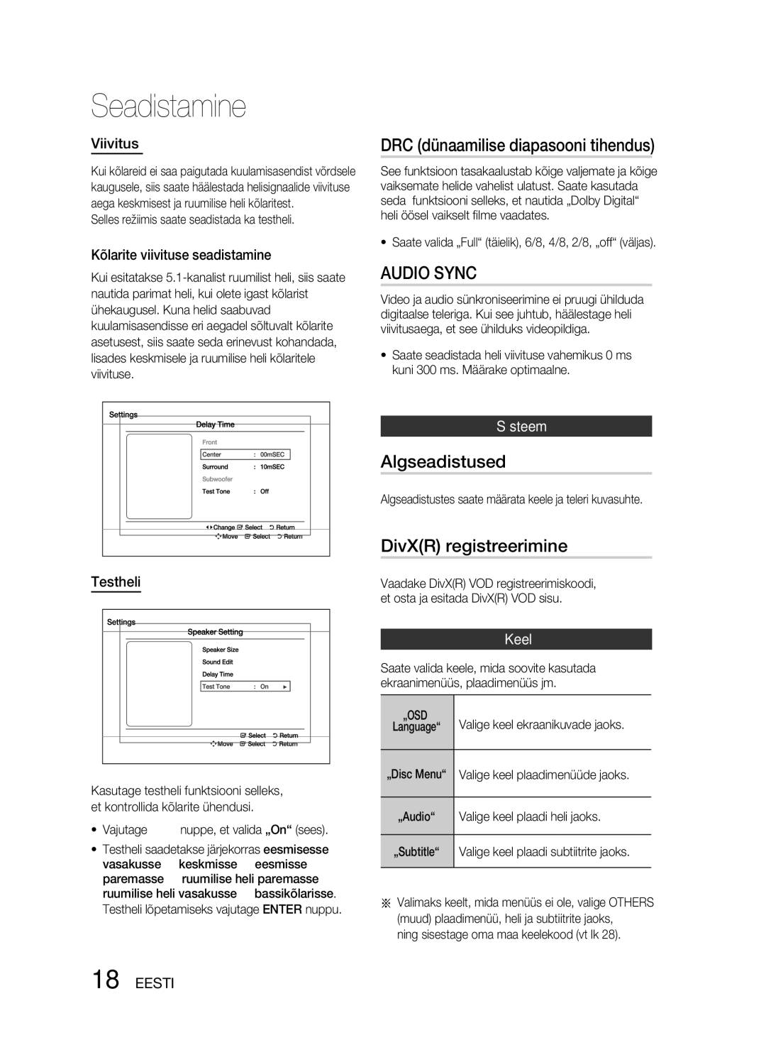 Samsung HT-D330/EN manual DRC dünaamilise diapasooni tihendus, Algseadistused, DivXR registreerimine, Süsteem, Keel 