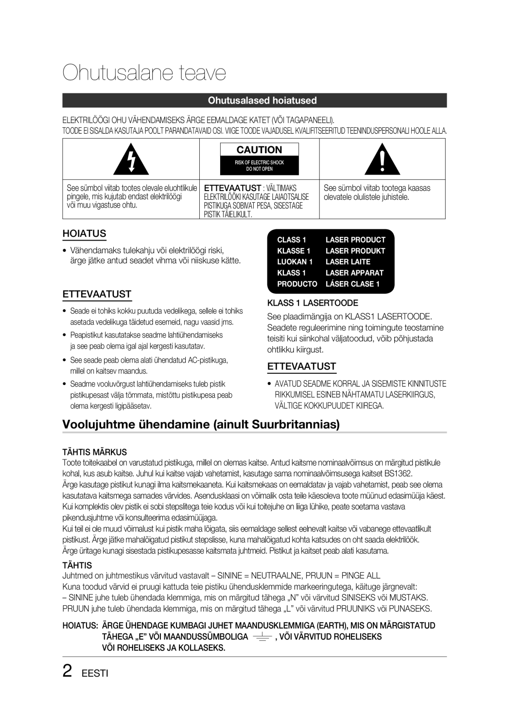 Samsung HT-D330/EN manual Ohutusalane teave, Ohutusalased hoiatused 