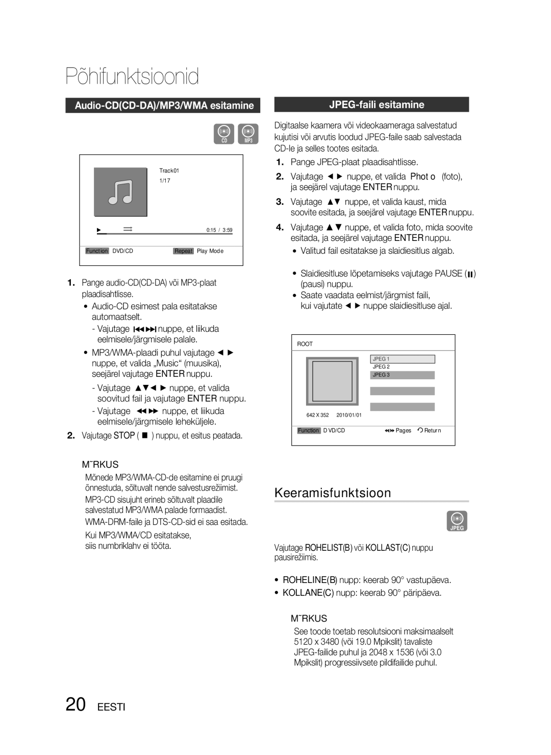 Samsung HT-D330/EN manual Keeramisfunktsioon, Audio-CDCD-DA/MP3/WMA esitamine, JPEG-faili esitamine 