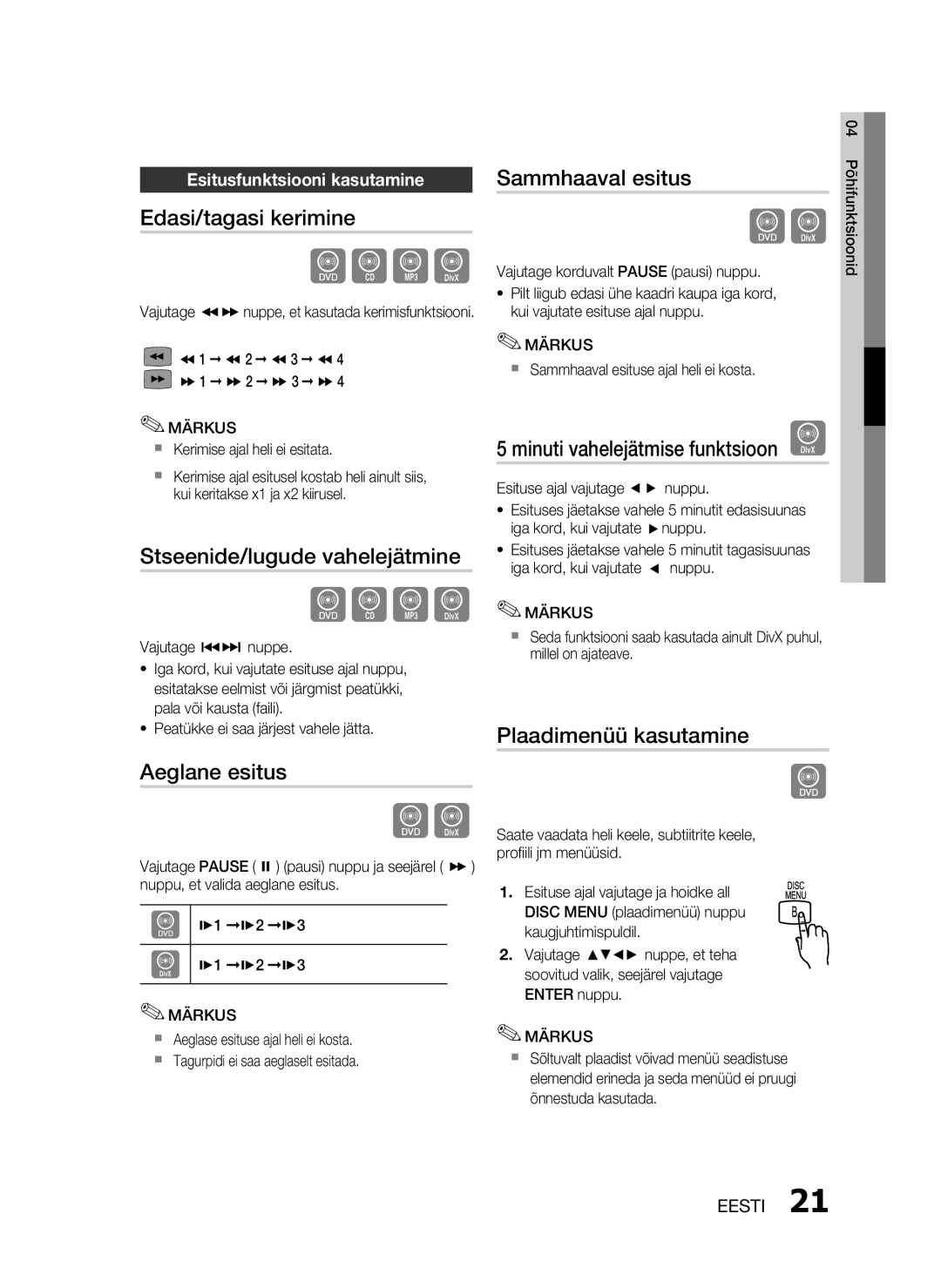 Samsung HT-D330/EN manual Edasi/tagasi kerimine, Stseenide/lugude vahelejätmine, Aeglane esitus, Sammhaaval esitus 