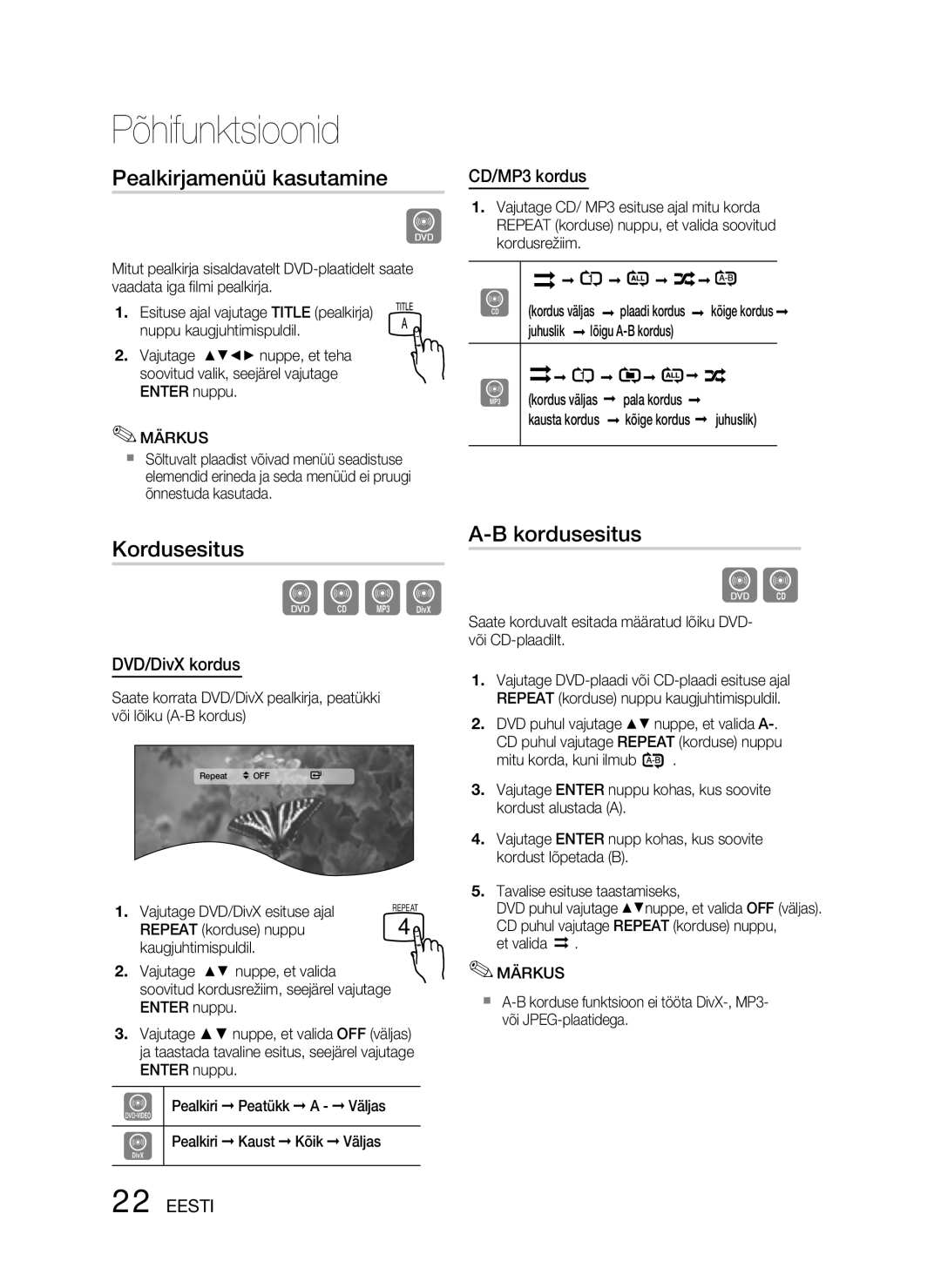 Samsung HT-D330/EN manual Pealkirjamenüü kasutamine, Kordusesitus, CD/MP3 kordus, DVD/DivX kordus 