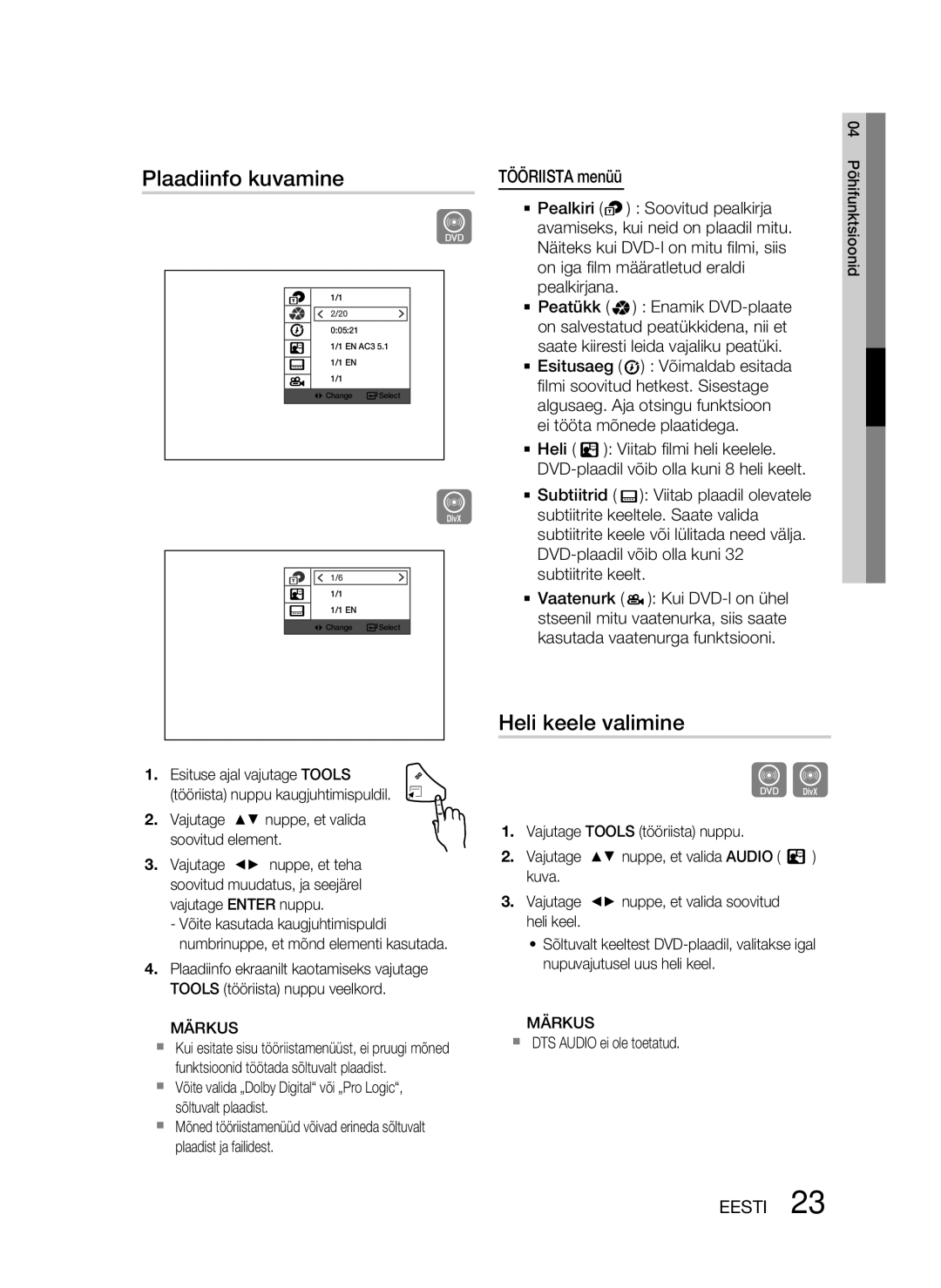 Samsung HT-D330/EN manual Plaadiinfo kuvamine, Heli keele valimine, Tööriista menüü 