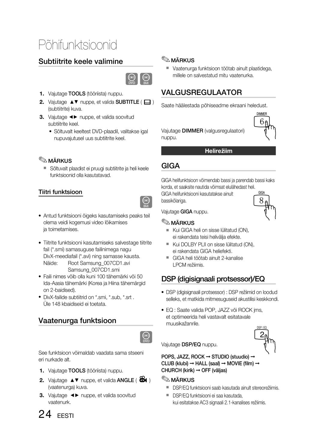 Samsung HT-D330/EN Subtiitrite keele valimine, Vaatenurga funktsioon, DSP digisignaali protsessor/EQ, Tiitri funktsioon 